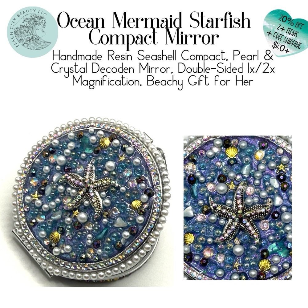 Ocean Mermaid Starfish Compact Mirror – Handmade Resin Seashell Compact Pearl